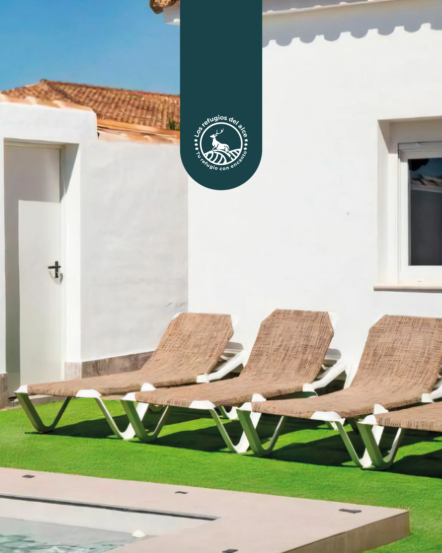 Sun loungers on the lawn beside the house pool
